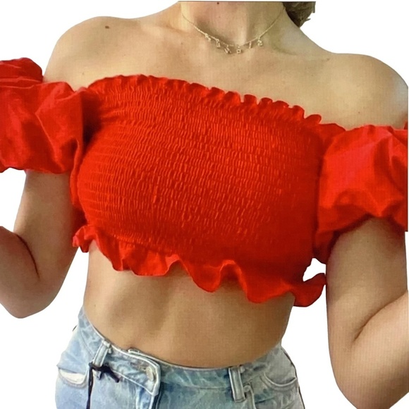 NWOT ZARA Red Puff Sleeve Smocked Tube Top Ruffle Cropped Festival Cotton S - Picture 1 of 13